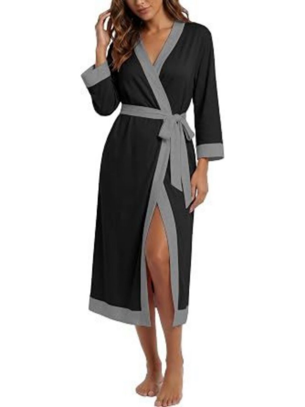 Womens Long Lightweight Knit Bathrobe Soft V Neck Robe with Belt Pockets S to 2X